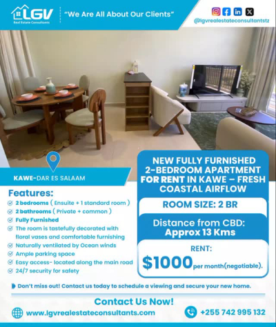 2 Bedrooms Furnished House/Apartment for Rent in Kawe, Dar Es Salaam