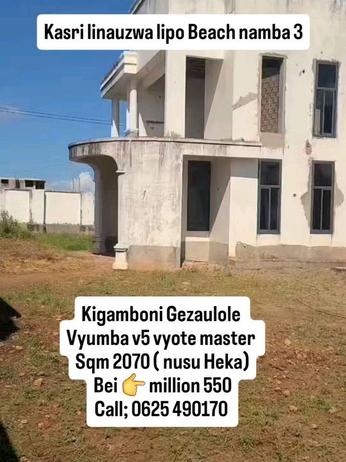 Nyumba ya vyumba vitano inauzwa Gezaulole Bamba Beach, Dar Es Salaam (2079 sqm)