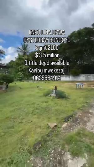 Kiwanja kinauzwa Oysterbay Bongoyo, Dar Es Salaam sqm 2100