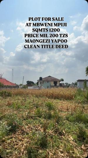 Kiwanja kinauzwa Mbweni Mpiji, Dar Es Salaam sqm 1200 Kiwanja kinauzwa Mbweni Mpiji, Dar Es Salaam sqm 1200