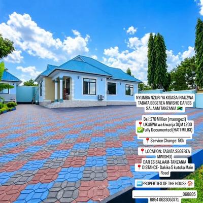 Nyumba ya vyumba vitatu inauzwa Tabata Segerea Mwisho, Dar Es Salaam (1200 sqm)