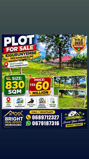Kiwanja kinauzwa Kigurunyembe Mizambarauni, Morogoro sqm 830