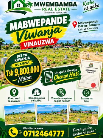 Viwanja vinauzwa Mabwepande, Dar Es Salaam Viwanja vinauzwa Mabwepande, Dar Es Salaam