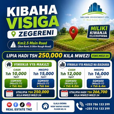 Viwanja vinauzwa Kibaha Visiga Zegereni, Pwani sqm 400 Viwanja vinauzwa Kibaha Visiga Zegereni, Pwani sqm 400