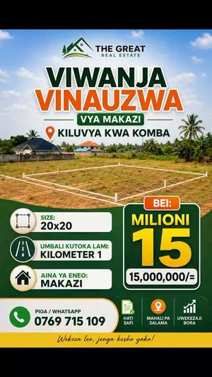 Kiwanja kinauzwa Kiluvya kwa Komba, Dar Es Salaam (400 sqm)