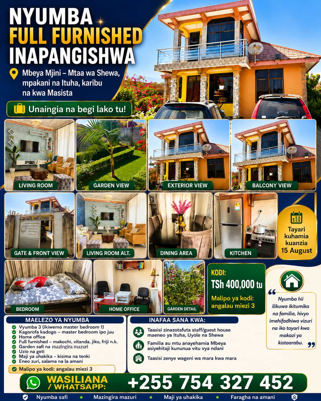 Nyumba (Furnished) ya vyumba vitatu inapangishwa Ituha, Mbeya