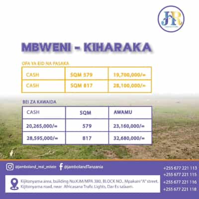 Plots for sale in MBWENI – KIHARAKA, Dar Es Salaam sqm 579