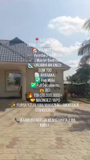 Nyumba ya vyumba vitatu inauzwa Goba, Dar Es Salaam (700 sqm)