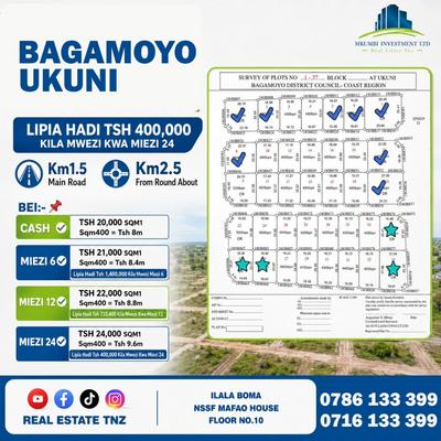 Residential Plots for Sale in Bagamoyo Ukuni, Pwani (400 sqm) Residential Plots for Sale in Bagamoyo Ukuni, Pwani (400 sqm)