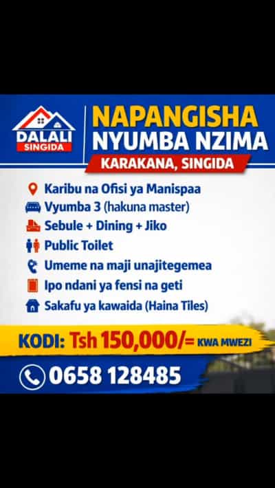 Nyumba ya vyumba vitatu inapangishwa Karakana, Singida Nyumba ya vyumba vitatu inapangishwa Karakana, Singida