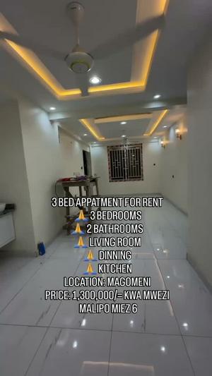 Apartment ya vyumba vitatu inapangishwa Magomeni, Dar Es Salaam