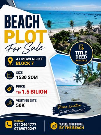 Beach Plot kinauzwa Mbweni JKT, Dar Es Salaam (1530 sqm)