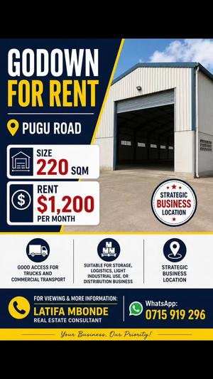 Godauni, Ghala inapangishwa Pugu Road, Dar Es Salaam (220 sqm) Godauni, Ghala inapangishwa Pugu Road, Dar Es Salaam (220 sqm)