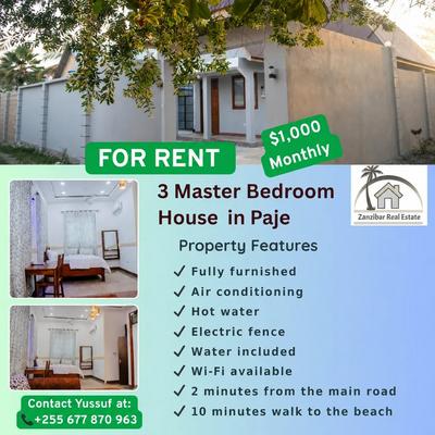 Nyumba (Furnished) ya vyumba vitatu inapangishwa Paje, Zanzibar Nyumba (Furnished) ya vyumba vitatu inapangishwa Paje, Zanzibar