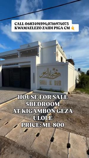 Nyumba ya vyumba vitano inauzwa Gezaulole, Dar Es Salaam (800 sqm)