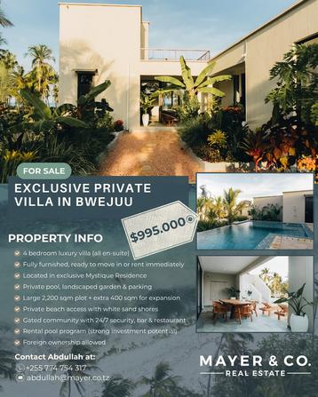 Villa (Furnished) ya vyumba vinne inauzwa Bwejuu, Zanzibar - Unguja South (2600 sqm) Villa (Furnished) ya vyumba vinne inauzwa Bwejuu, Zanzibar - Unguja South (2600 sqm)