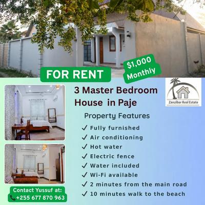 Nyumba (Furnished) ya vyumba vitatu inapangishwa Paje, Zanzibar Nyumba (Furnished) ya vyumba vitatu inapangishwa Paje, Zanzibar