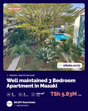 Apartment ya vyumba vitatu inapangishwa Masaki, Dar Es Salaam (170 sqm)