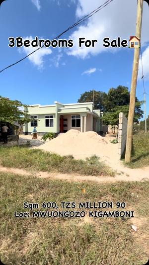 Nyumba ya vyumba vitatu inauzwa Mwuongozo Kigamboni, Dar Es Salaam (600 sqm)