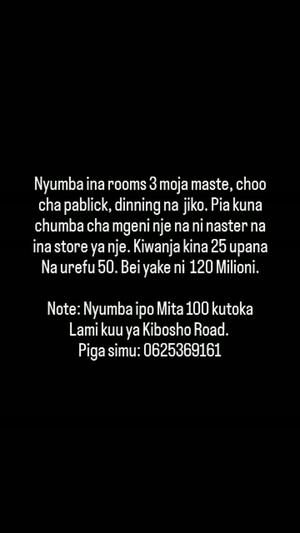 Nyumba ya vyumba vitatu inauzwa Moshi, Kilimanjaro (1250 sqm)
