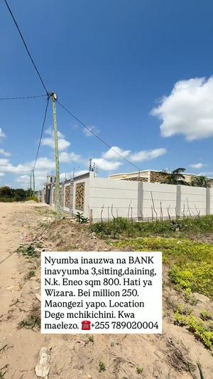 Nyumba ya vyumba vitatu inauzwa Dege Mchikichini, Dar Es Salaam (800 sqm) Nyumba ya vyumba vitatu inauzwa Dege Mchikichini, Dar Es Salaam (800 sqm)