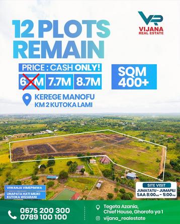 Viwanja vinauzwa Kerege Manofu, Pwani (400 sqm) Viwanja vinauzwa Kerege Manofu, Pwani (400 sqm)