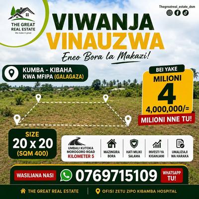 Kiwanja kinauzwa Kumba, Kibaha Mfipa (Galagaza), Pwani (400 sqm) Kiwanja kinauzwa Kumba, Kibaha Mfipa (Galagaza), Pwani (400 sqm)