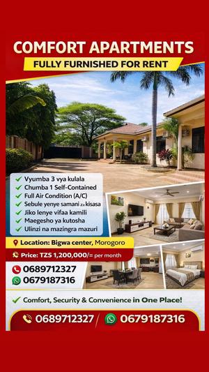 Apartment (Furnished) ya vyumba vitatu inapangishwa Bigwa Center, Morogoro Apartment (Furnished) ya vyumba vitatu inapangishwa Bigwa Center, Morogoro