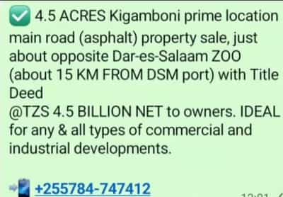 Kiwanja (Commercial Plot) kinauzwa Kigamboni, Dar Es Salaam (4.5 acre)