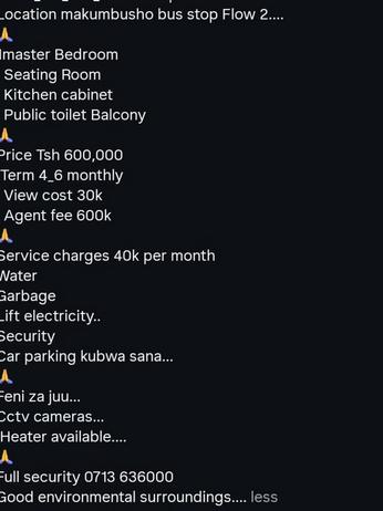 Nyumba ya chumba kimoja inapangishwa Makumbusho, Dar Es Salaam