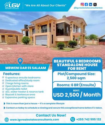 5 Bedrooms Furnished House for Rent in Mbweni, Dar Es Salaam