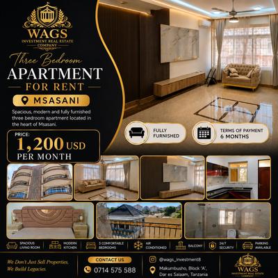 Apartment (Furnished) ya vyumba vitatu inapangishwa Msasani, Dar Es Salaam