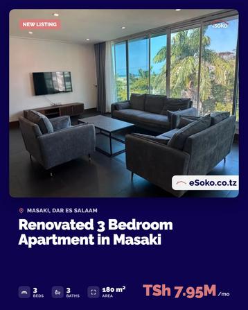 Apartment ya vyumba vitatu inapangishwa Masaki, Dar Es Salaam (180 sqm)