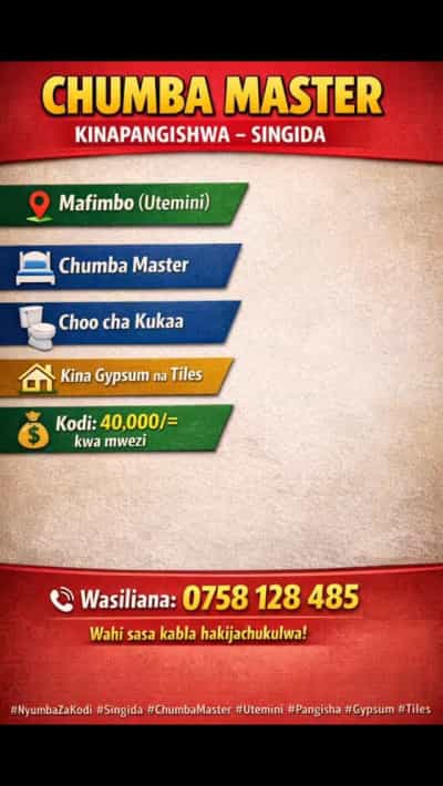 Nyumba ya chumba kimoja inapangishwa Mafimbo (Utemini), Singida Nyumba ya chumba kimoja inapangishwa Mafimbo (Utemini), Singida