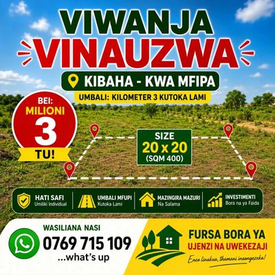 Kiwanja kinauzwa Kibaha Kwa Mfipa, Pwani (400 sqm)