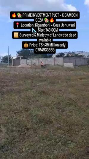 Kiwanja kinauzwa Kigamboni Geza Ushuwani, Dar Es Salaam (743 sqm) Kiwanja kinauzwa Kigamboni Geza Ushuwani, Dar Es Salaam (743 sqm)